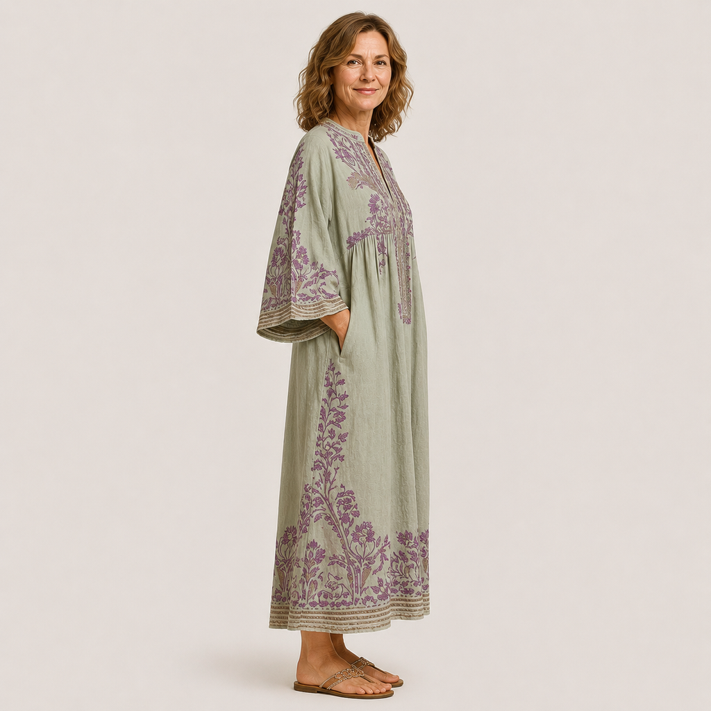 Clara Embroidered Kaftan Dress — Women's Boho Linen Look Maxi Dress