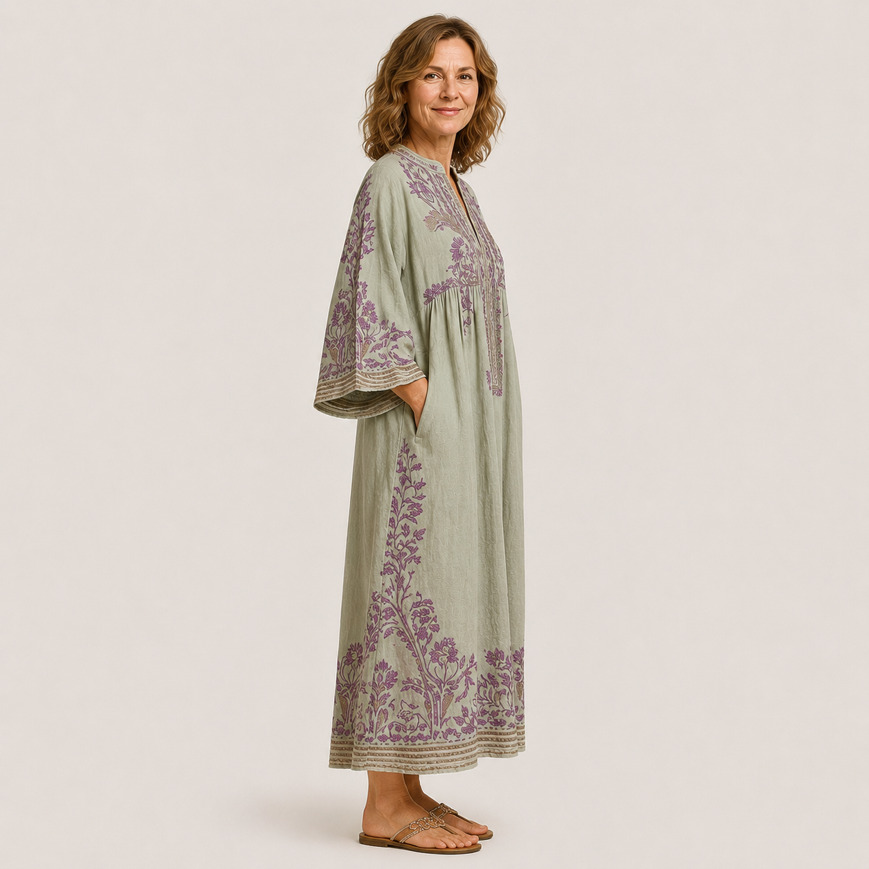 Clara Embroidered Kaftan Dress — Women's Boho Linen Look Maxi Dress