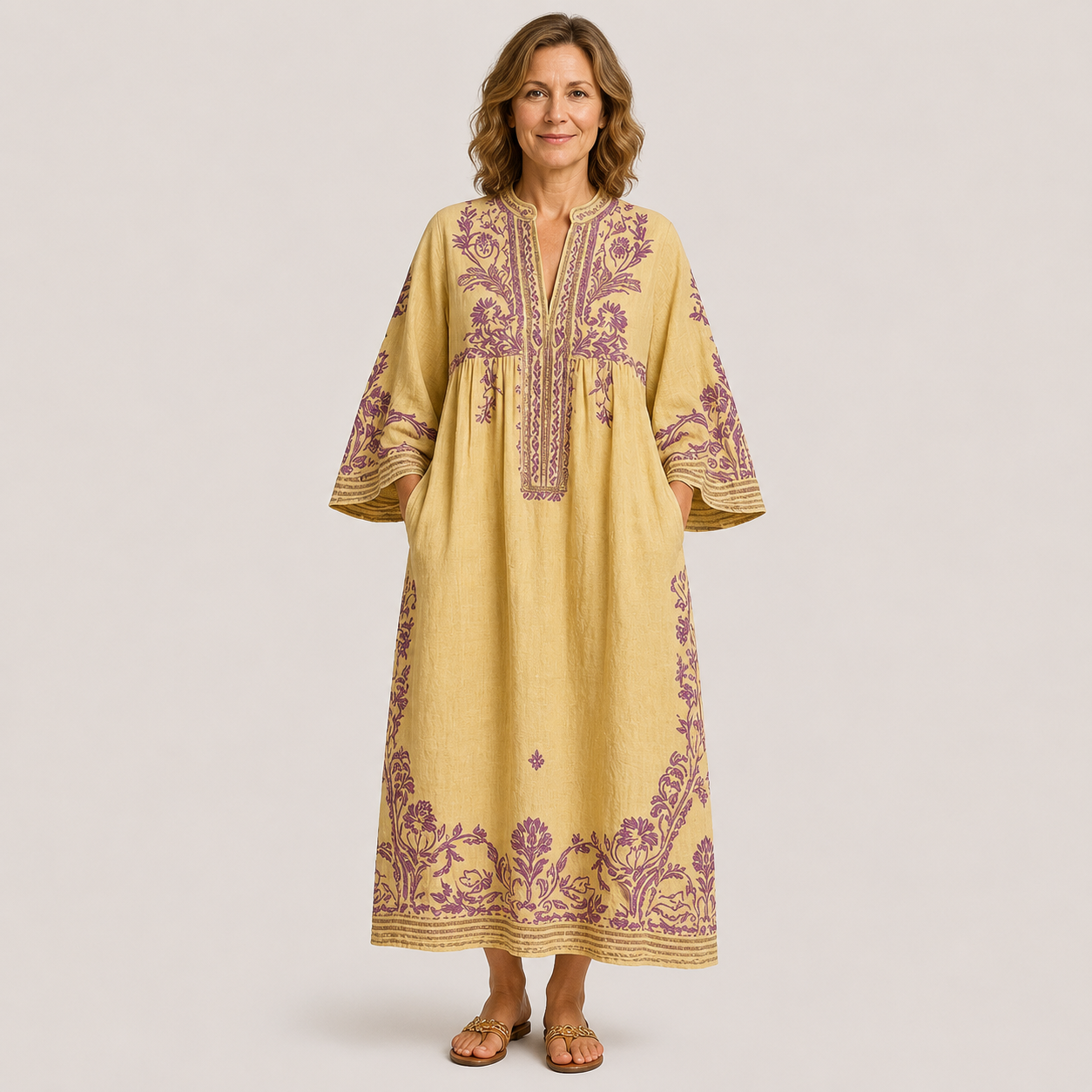 Clara Embroidered Kaftan Dress — Women's Boho Linen Look Maxi Dress