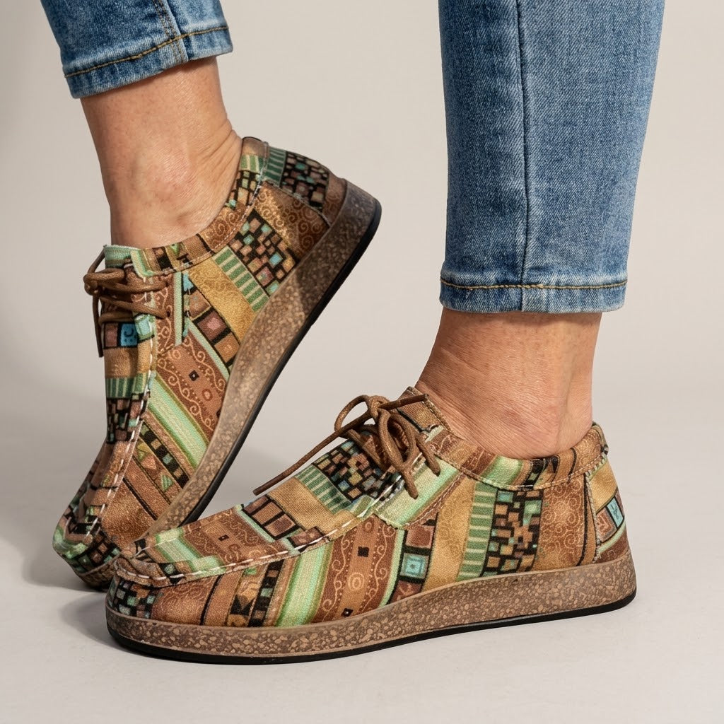 Women's Red Ethnic Print Flats — Boho Lace-Up Cork Sole Comfort Shoes