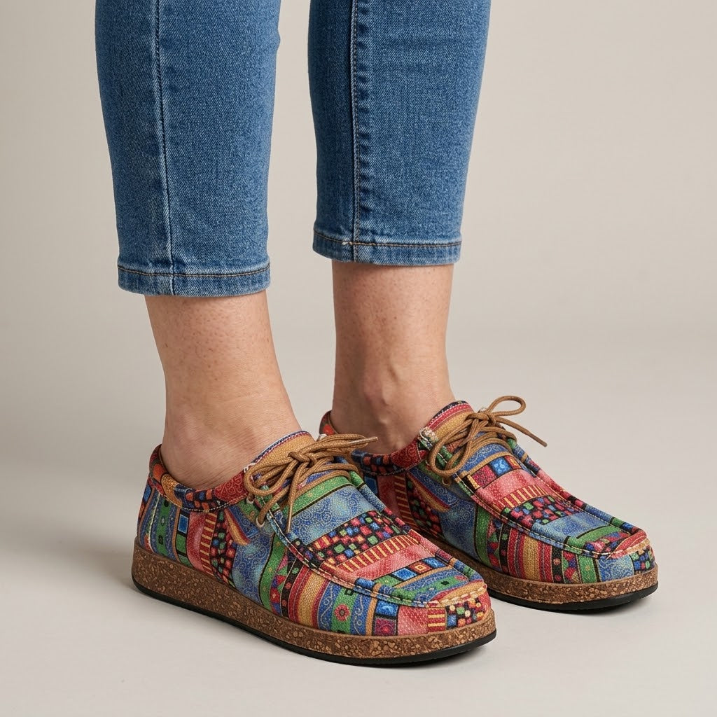 Women's Red Ethnic Print Flats — Boho Lace-Up Cork Sole Comfort Shoes