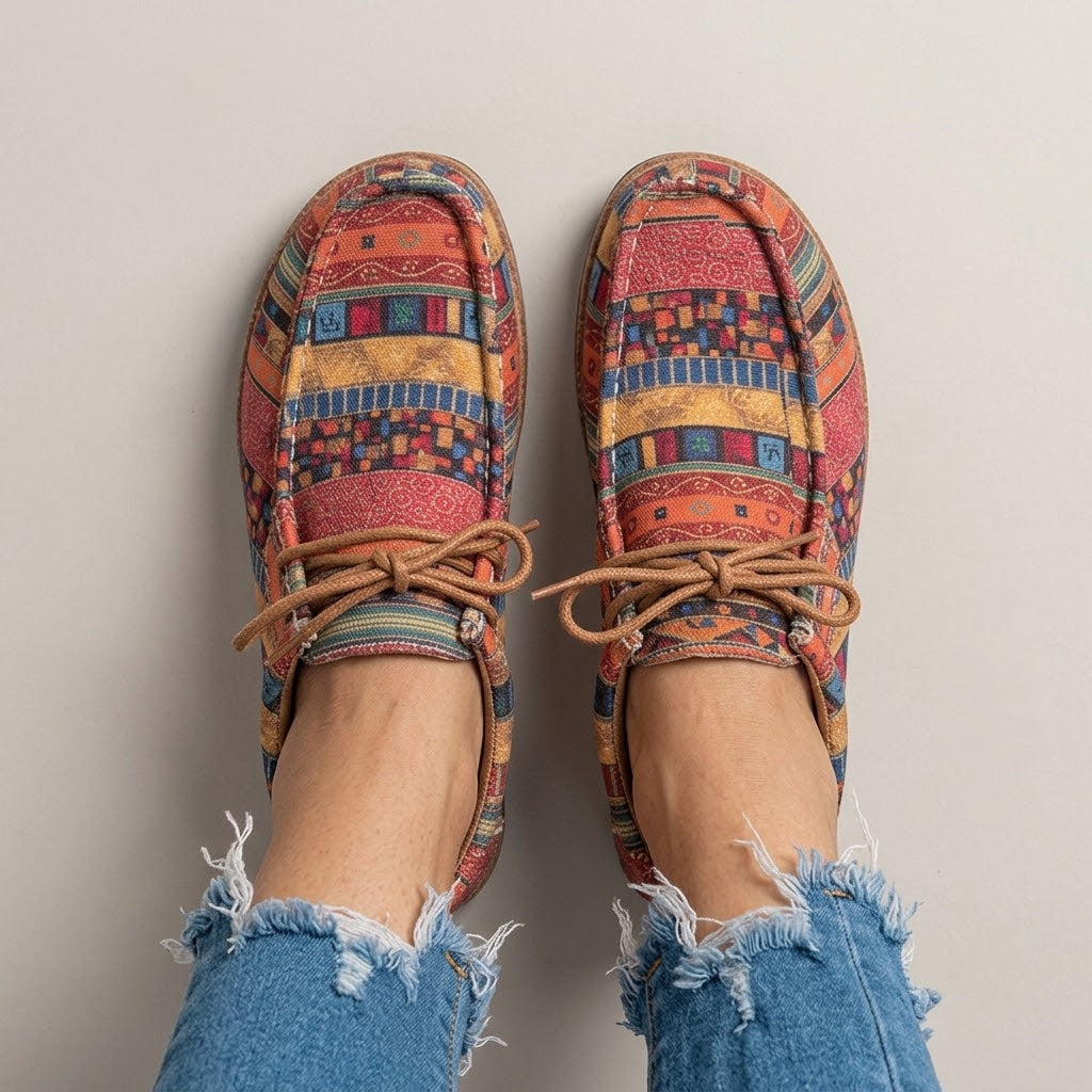 Women's Red Ethnic Print Flats — Boho Lace-Up Cork Sole Comfort Shoes