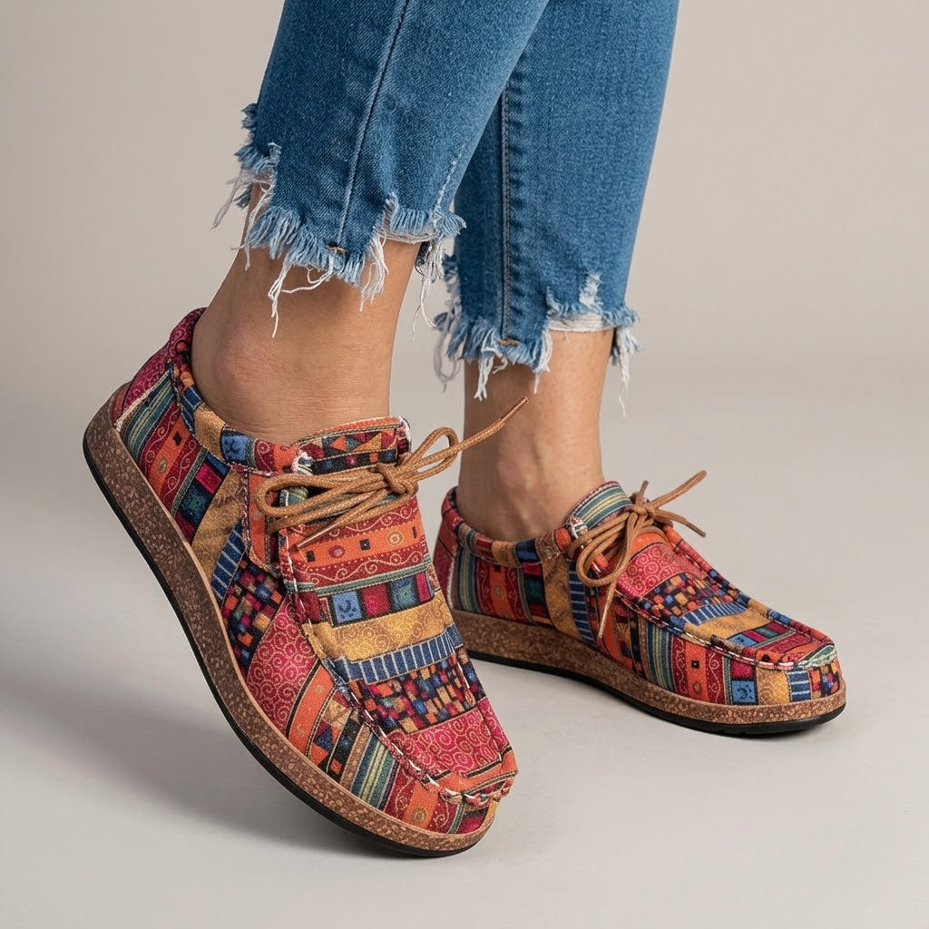 Women's Red Ethnic Print Flats — Boho Lace-Up Cork Sole Comfort Shoes