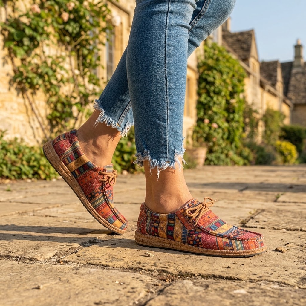 Women's Red Ethnic Print Flats — Boho Lace-Up Cork Sole Comfort Shoes