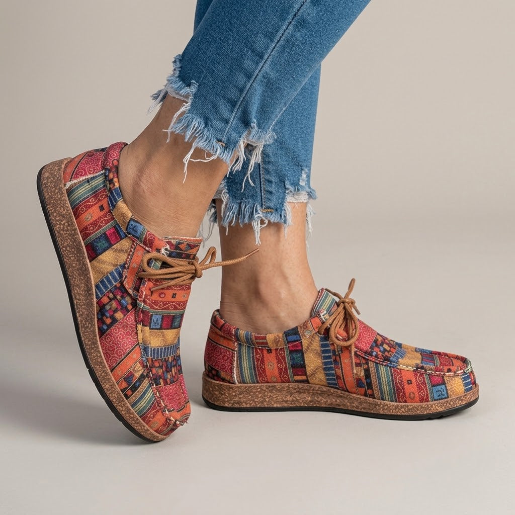 Women's Red Ethnic Print Flats — Boho Lace-Up Cork Sole Comfort Shoes