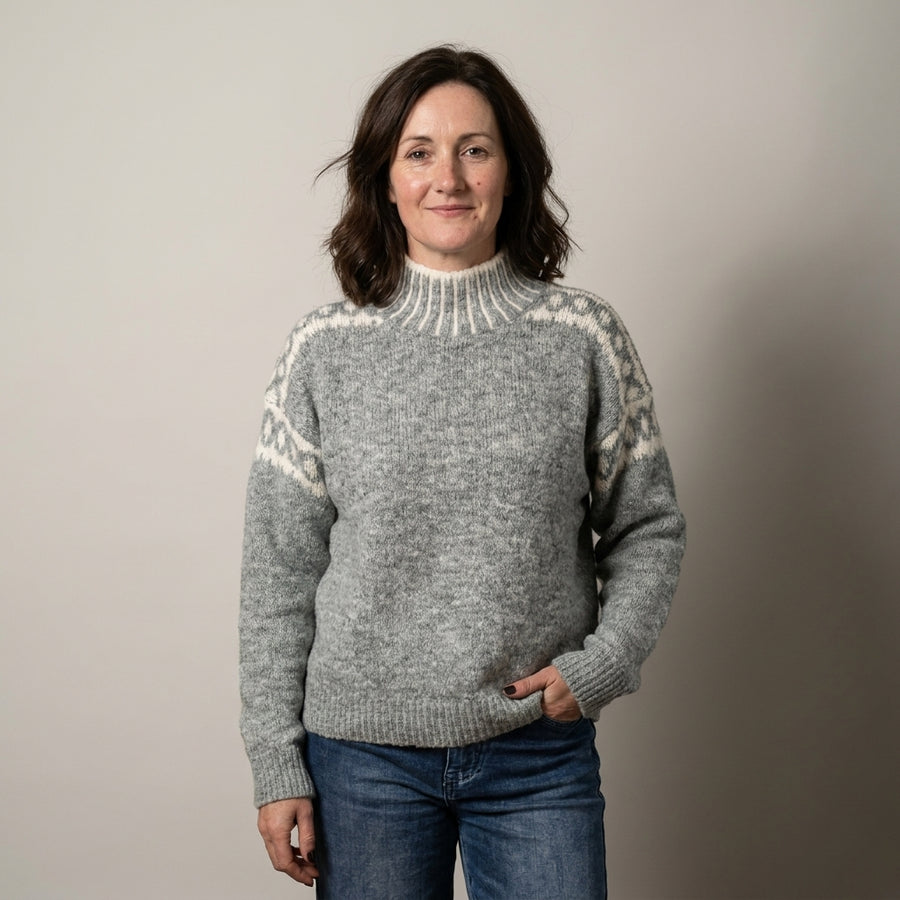 Ladies Grey Fair Isle Jumper – High Neck Chunky Knit Winter Sweater