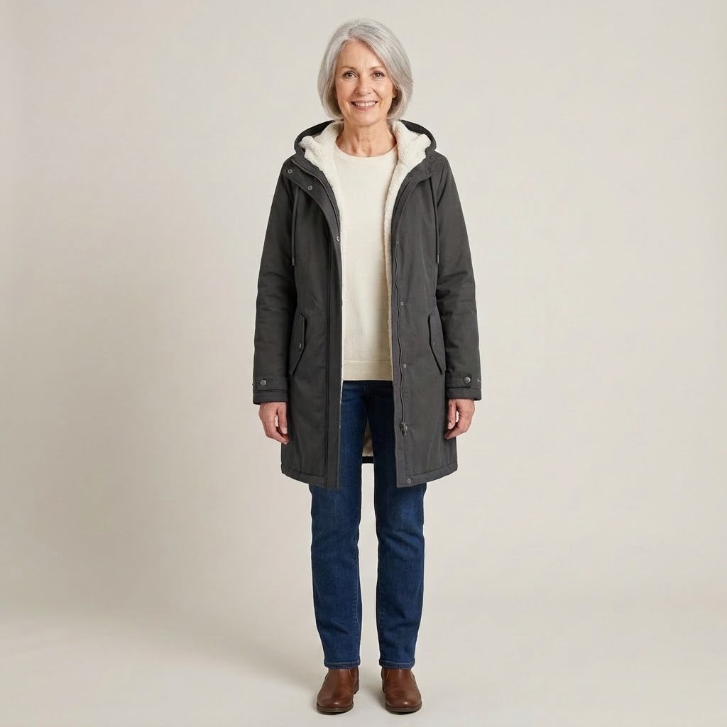 Women's Navy Hooded Winter Coat — Fleece Lined Longline Parka with Pockets