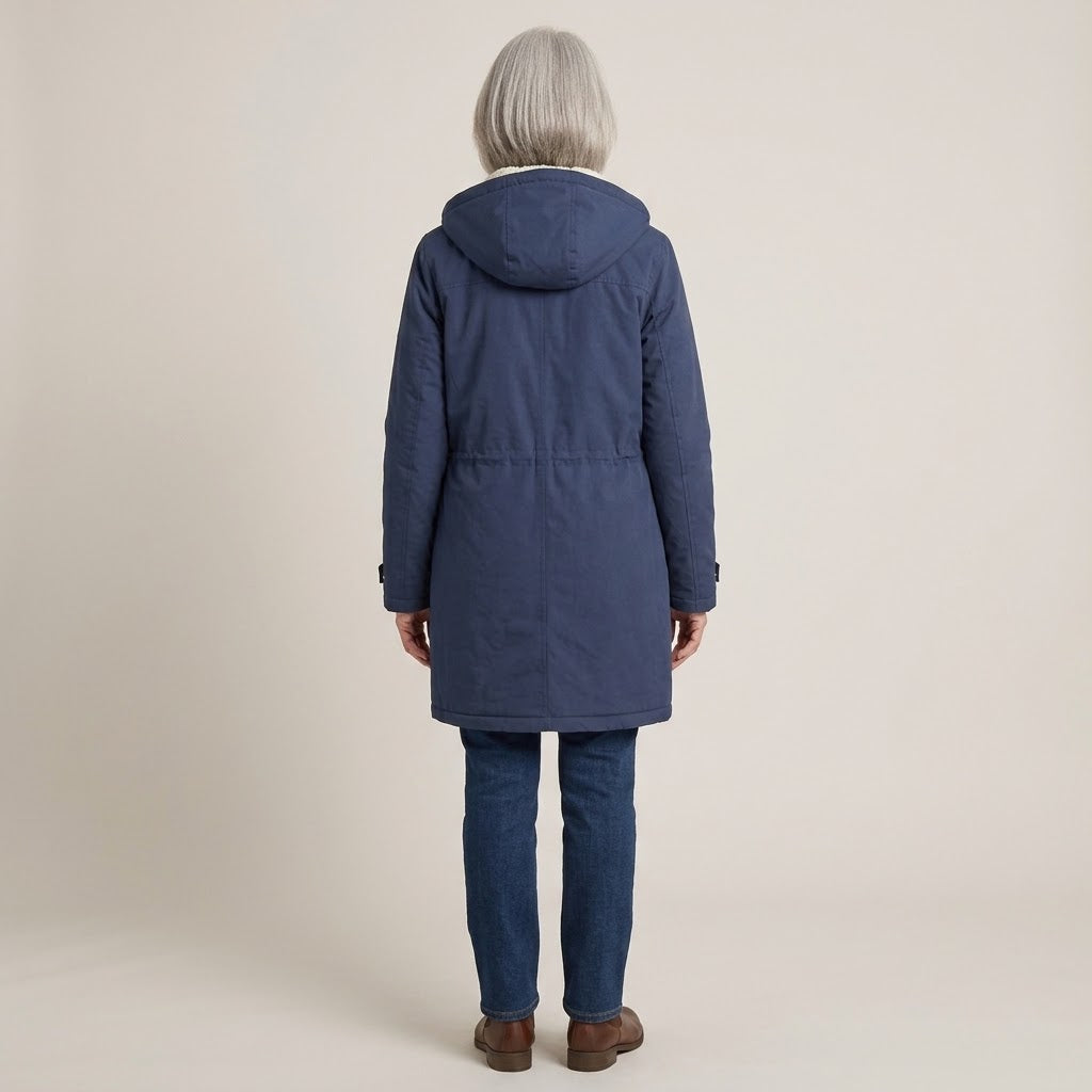 Women's Navy Hooded Winter Coat — Fleece Lined Longline Parka with Pockets