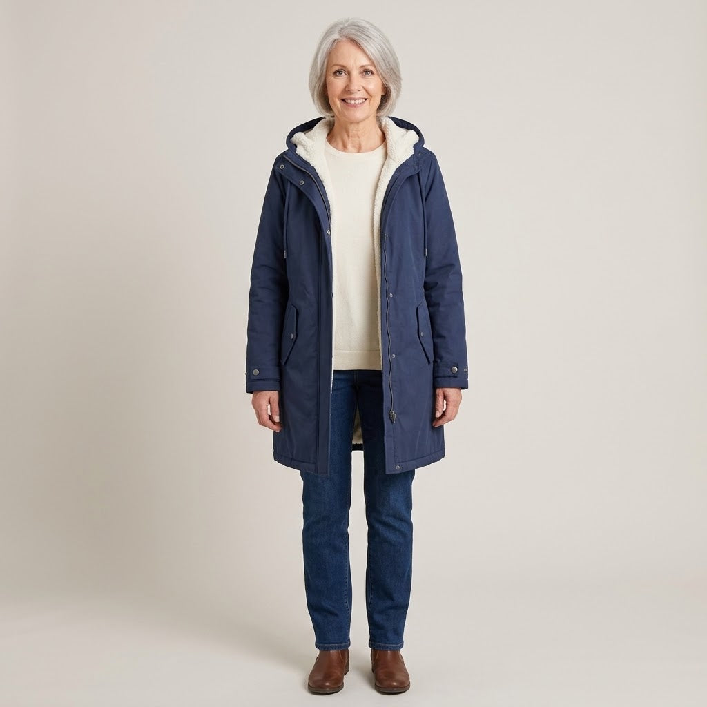 Women's Navy Hooded Winter Coat — Fleece Lined Longline Parka with Pockets