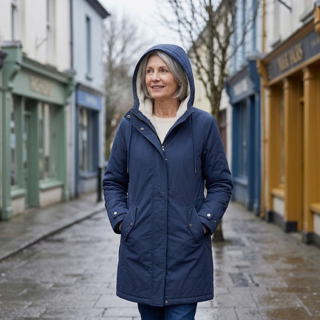 Women's Navy Hooded Winter Coat — Fleece Lined Longline Parka with Pockets