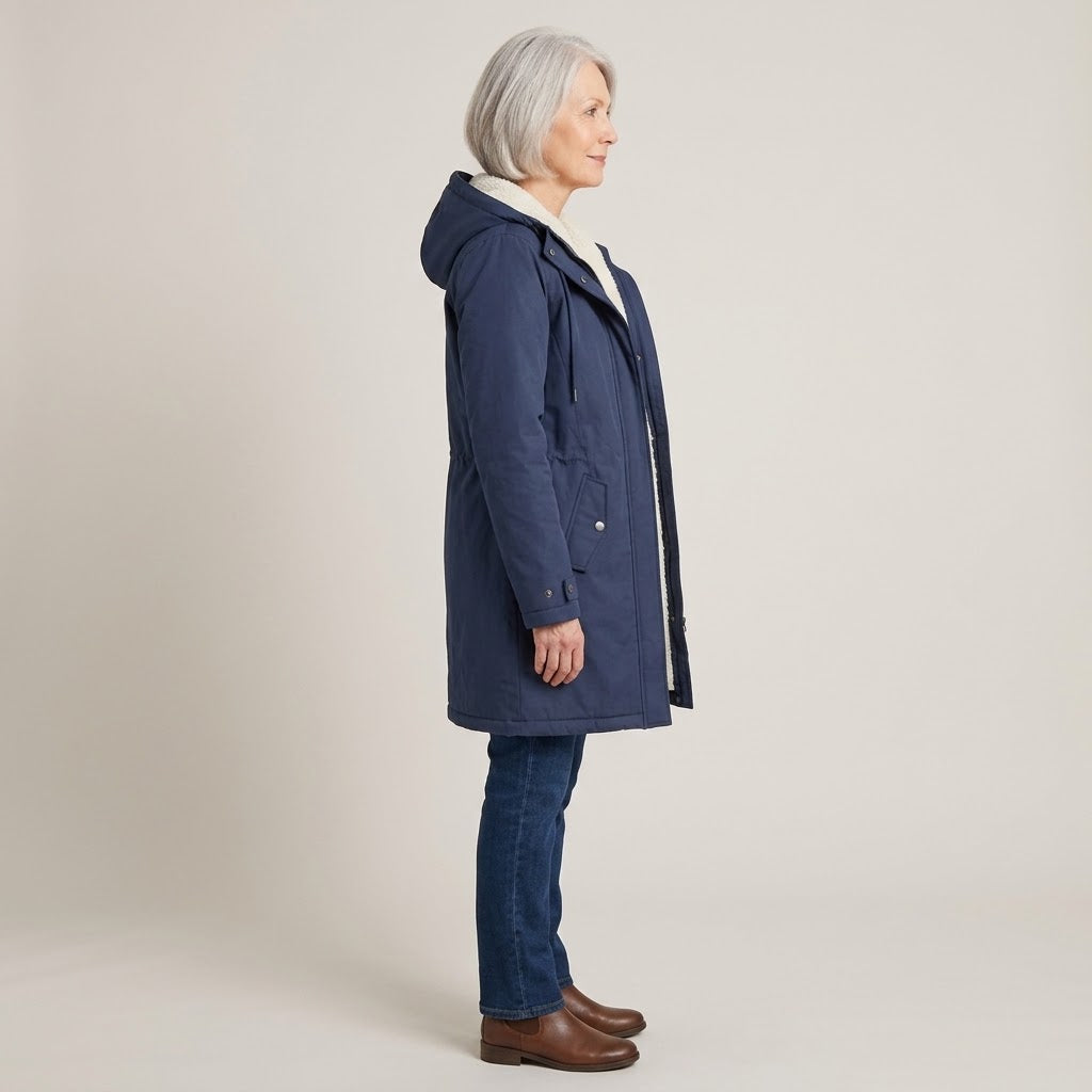 Women's Navy Hooded Winter Coat — Fleece Lined Longline Parka with Pockets