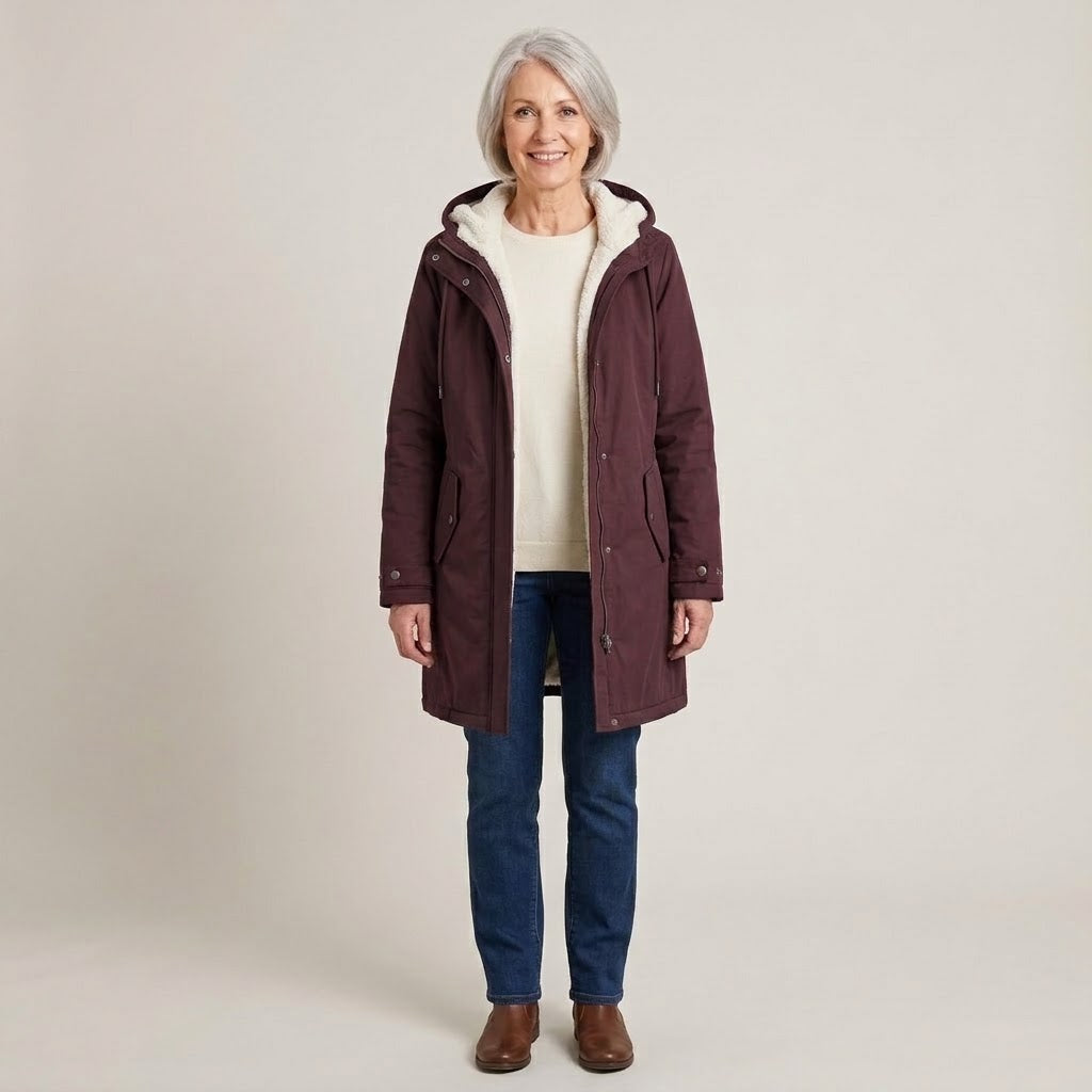 Women's Navy Hooded Winter Coat — Fleece Lined Longline Parka with Pockets