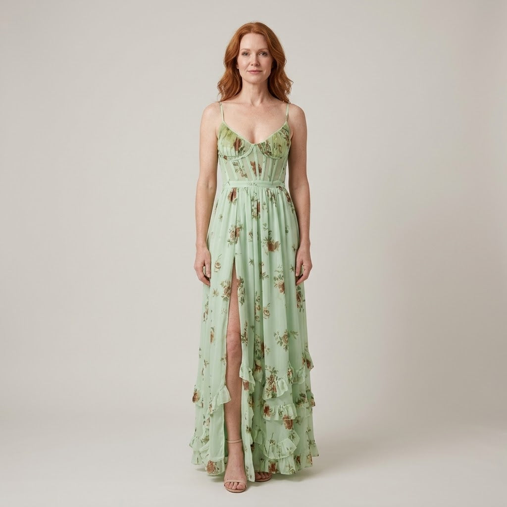 Clara Floral Corset Maxi Dress — Women's Bustier Split Ruffle Occasion Dress