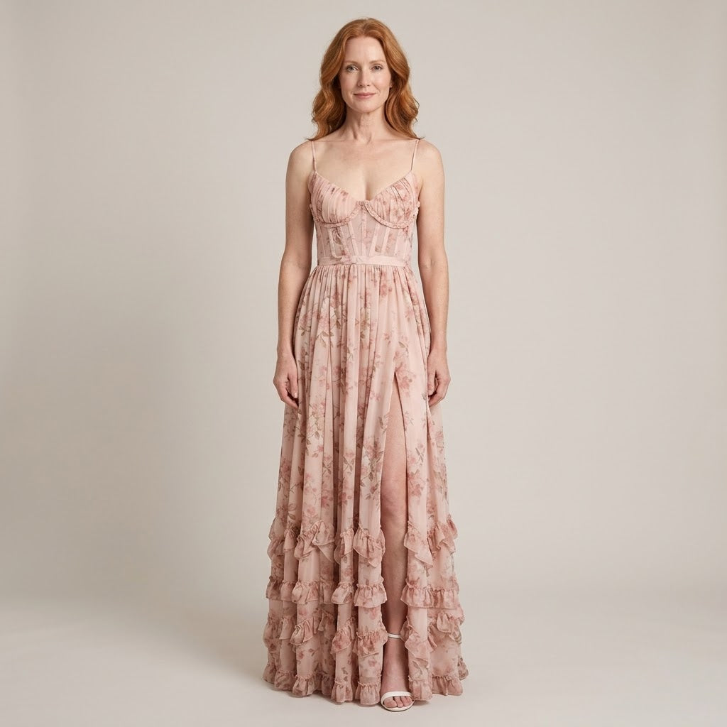 Clara Floral Corset Maxi Dress — Women's Bustier Split Ruffle Occasion Dress