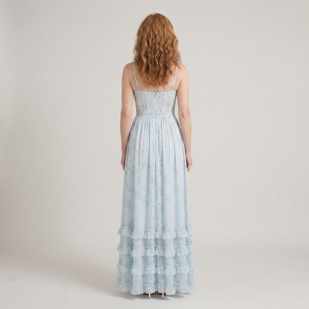 Clara Floral Corset Maxi Dress — Women's Bustier Split Ruffle Occasion Dress