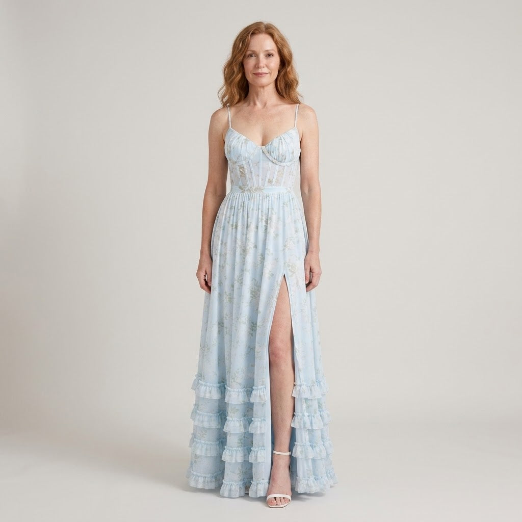 Clara Floral Corset Maxi Dress — Women's Bustier Split Ruffle Occasion Dress