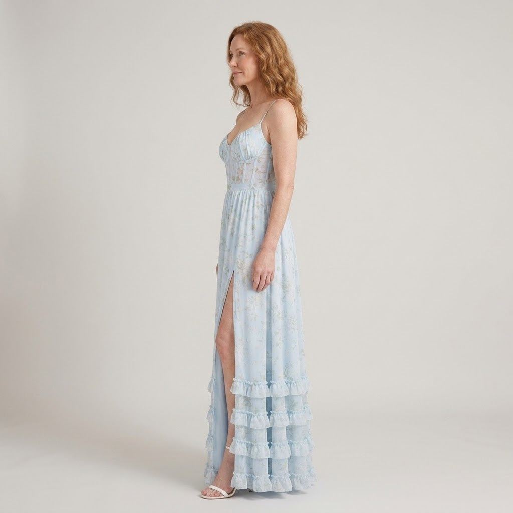 Clara Floral Corset Maxi Dress — Women's Bustier Split Ruffle Occasion Dress
