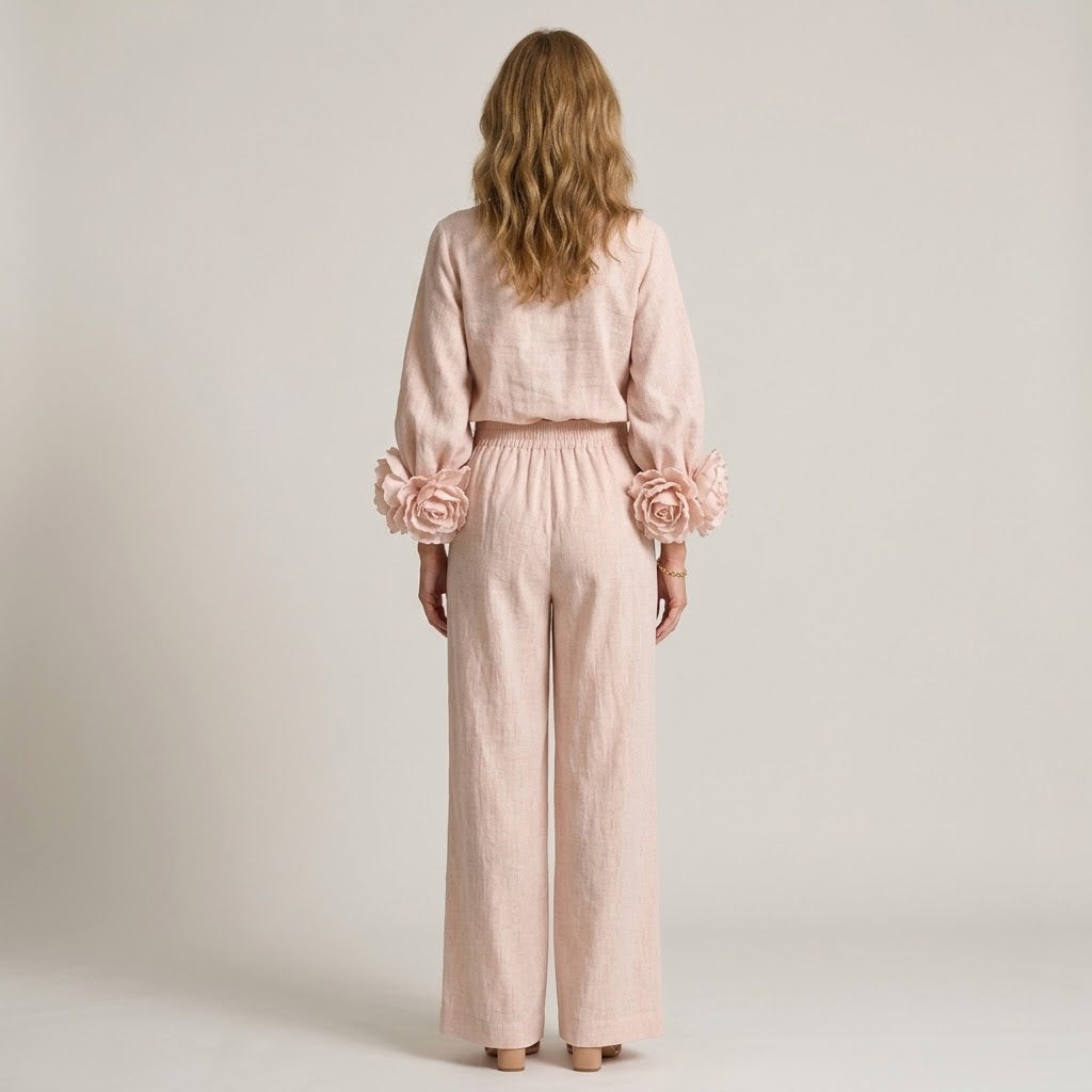 Women's Pink Floral Cuff Two Piece Set — Balloon Sleeve Top & Wide Leg Trousers