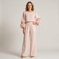 Women's Pink Floral Cuff Two Piece Set — Balloon Sleeve Top & Wide Leg Trousers