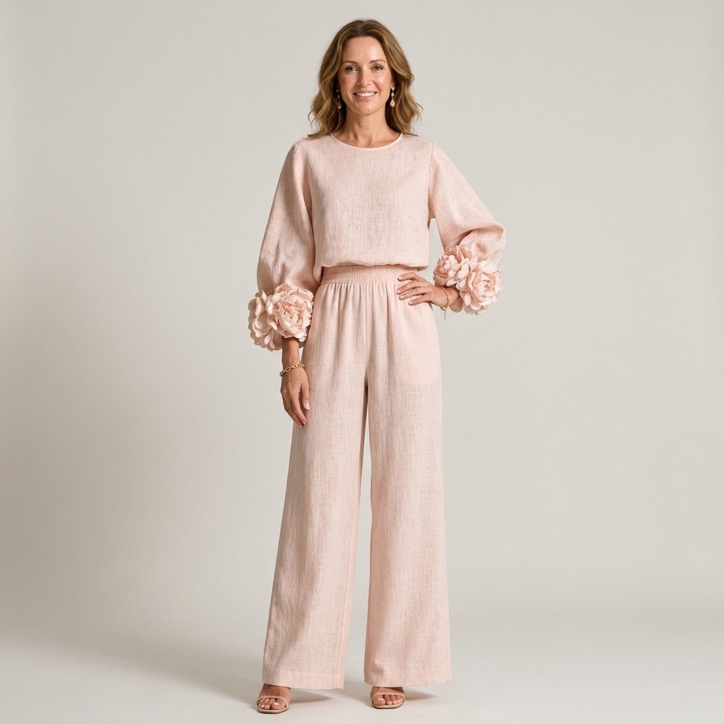 Women's Pink Floral Cuff Two Piece Set — Balloon Sleeve Top & Wide Leg Trousers