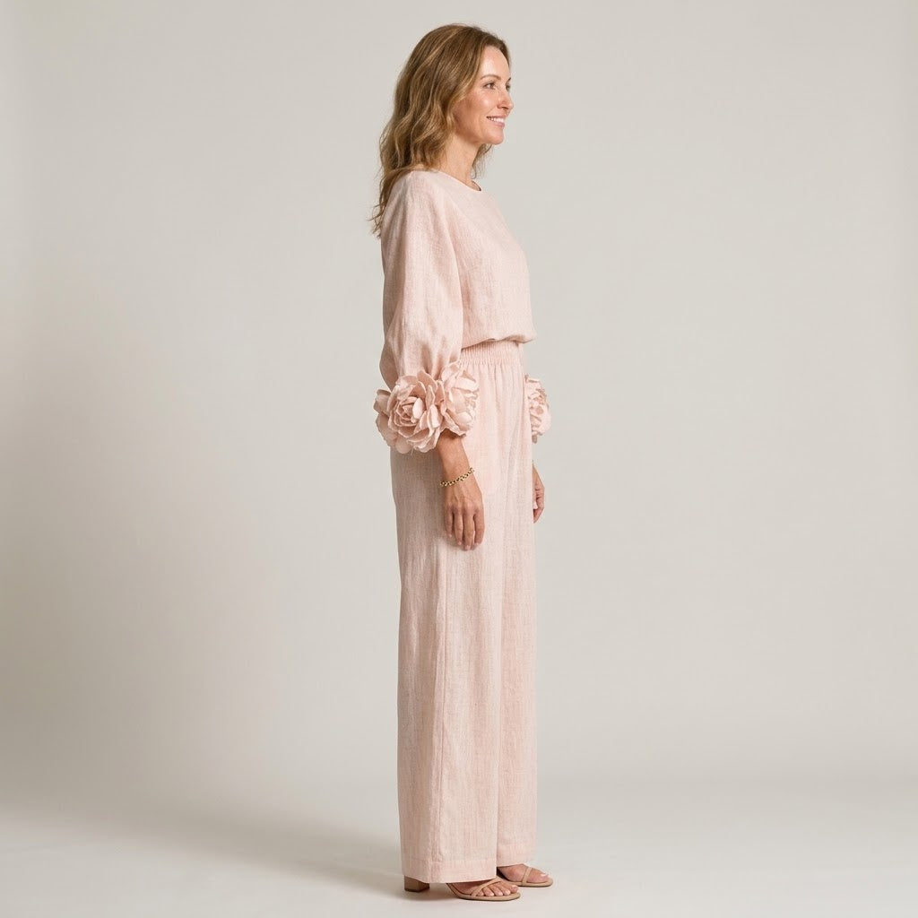 Women's Pink Floral Cuff Two Piece Set — Balloon Sleeve Top & Wide Leg Trousers