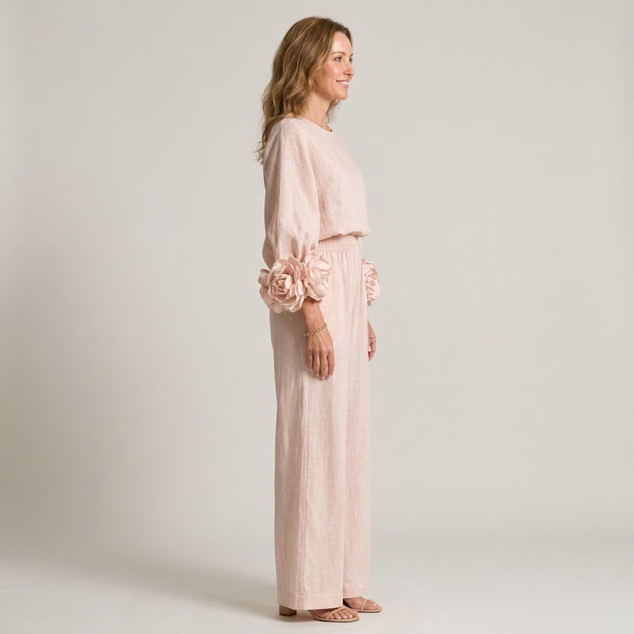 Women's Pink Floral Cuff Two Piece Set — Balloon Sleeve Top & Wide Leg Trousers