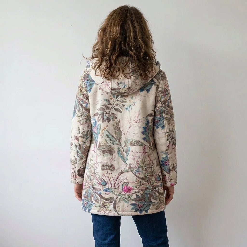 Ladies Floral Print Hooded Jacket – Cream, Fleece-Lined, Zip Front, Relaxed Fit