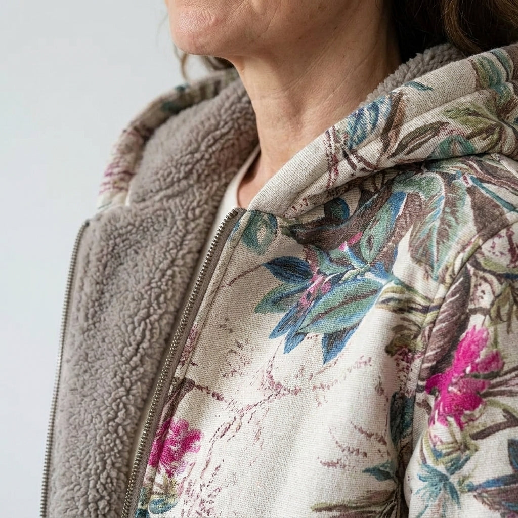 Ladies Floral Print Hooded Jacket – Cream, Fleece-Lined, Zip Front, Relaxed Fit