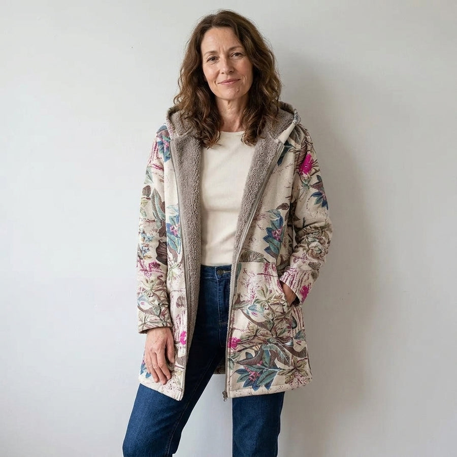 Ladies Floral Print Hooded Jacket – Cream, Fleece-Lined, Zip Front, Relaxed Fit