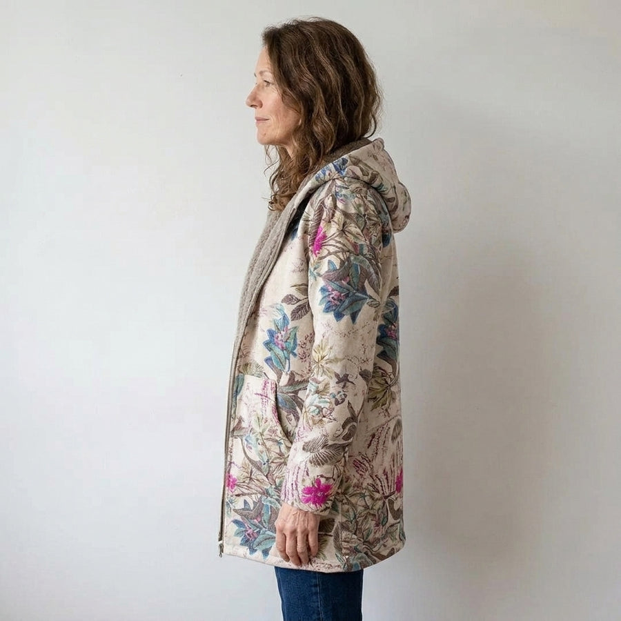 Ladies Floral Print Hooded Jacket – Cream, Fleece-Lined, Zip Front, Relaxed Fit