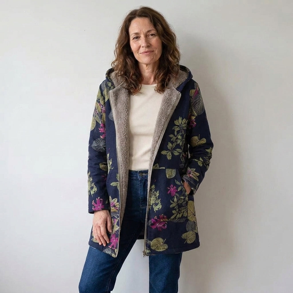 Ladies Floral Print Hooded Jacket – Cream, Fleece-Lined, Zip Front, Relaxed Fit