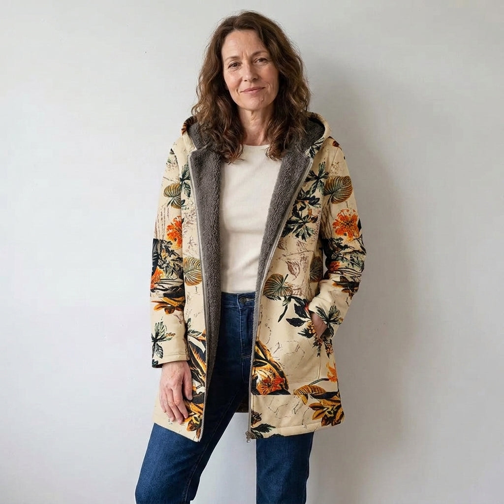 Ladies Floral Print Hooded Jacket – Cream, Fleece-Lined, Zip Front, Relaxed Fit