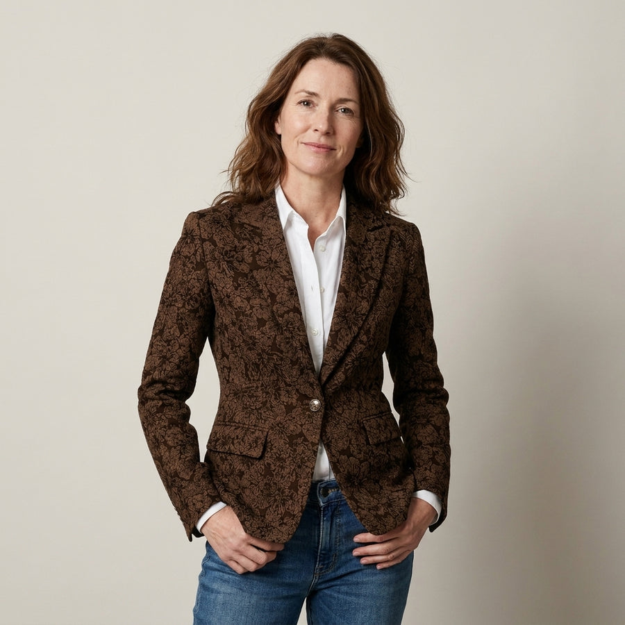 Ladies Brown Floral Pattern Blazer – Tailored Fit, Single Button, Flap Pockets