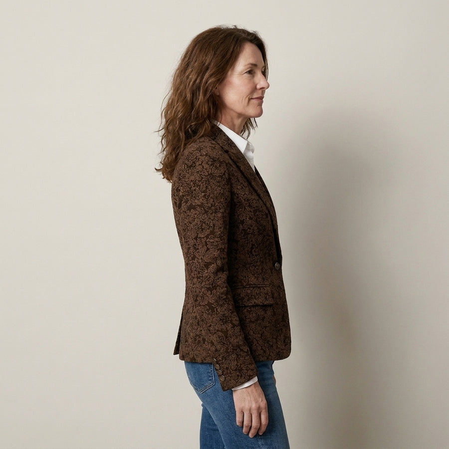 Ladies Brown Floral Pattern Blazer – Tailored Fit, Single Button, Flap Pockets