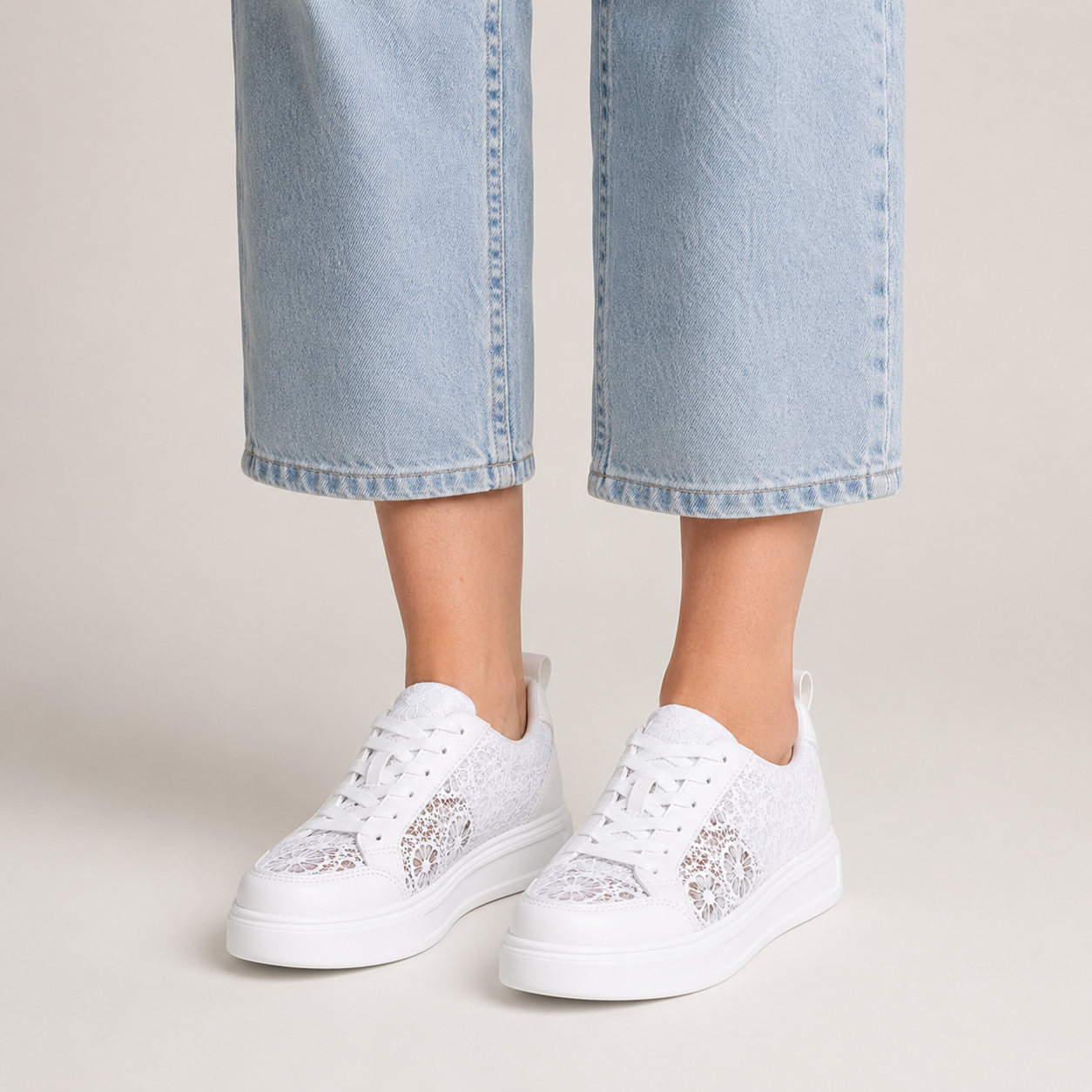 Clara Floral Lace Trainer — Women's White Platform Lace-Up Sneaker