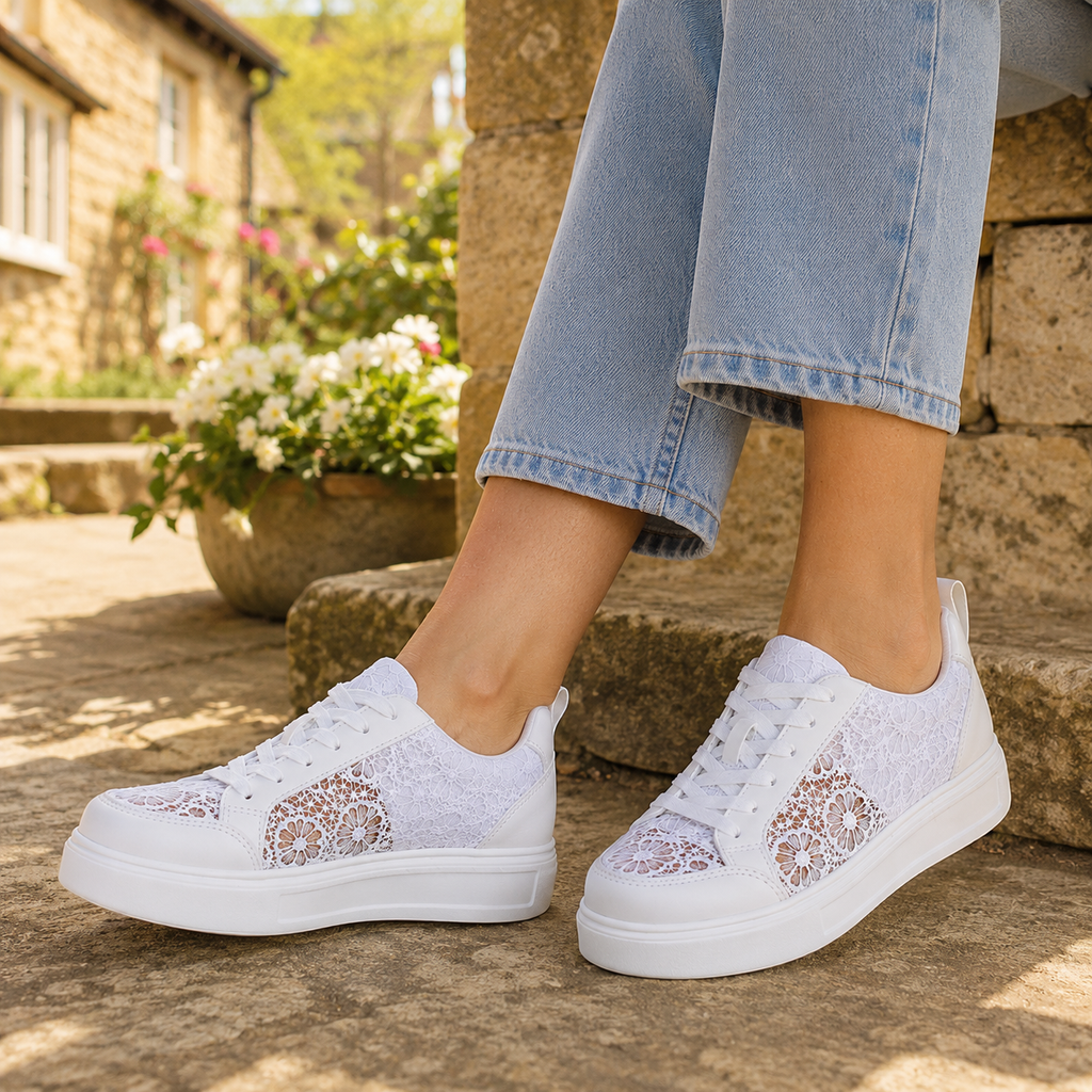 Clara Floral Lace Trainer — Women's White Platform Lace-Up Sneaker