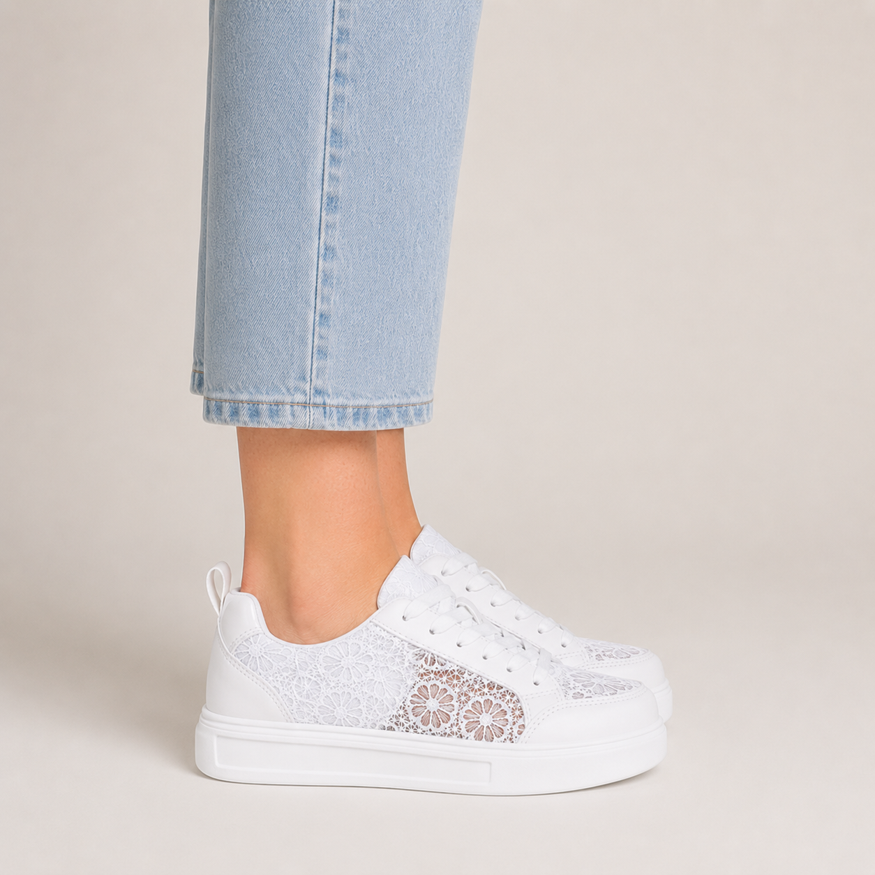 Clara Floral Lace Trainer — Women's White Platform Lace-Up Sneaker