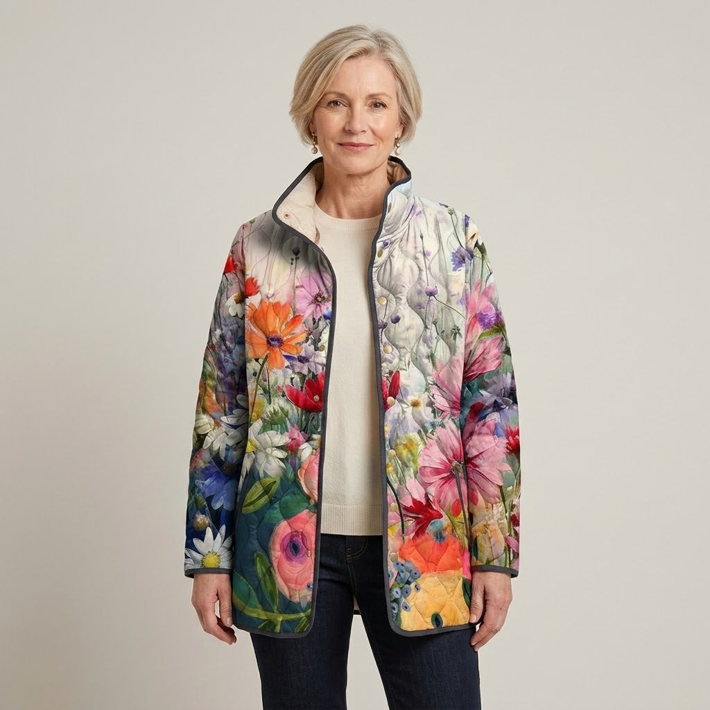 Women's Teal Floral Quilted Jacket — Stand Collar Snap Button Padded Coat