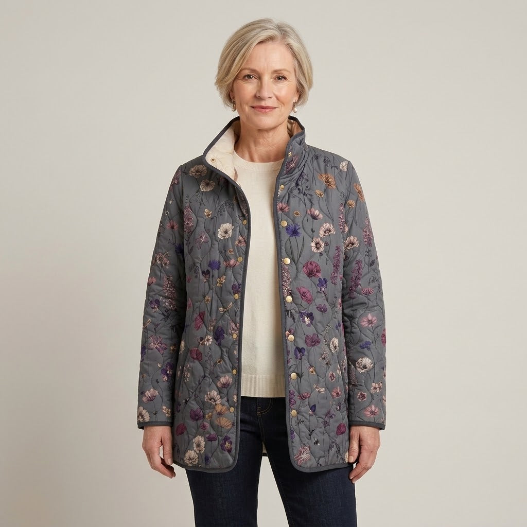Women's Teal Floral Quilted Jacket — Stand Collar Snap Button Padded Coat