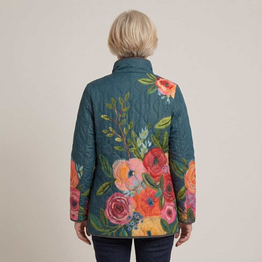 Women's Teal Floral Quilted Jacket — Stand Collar Snap Button Padded Coat