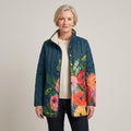 Women's Teal Floral Quilted Jacket — Stand Collar Snap Button Padded Coat