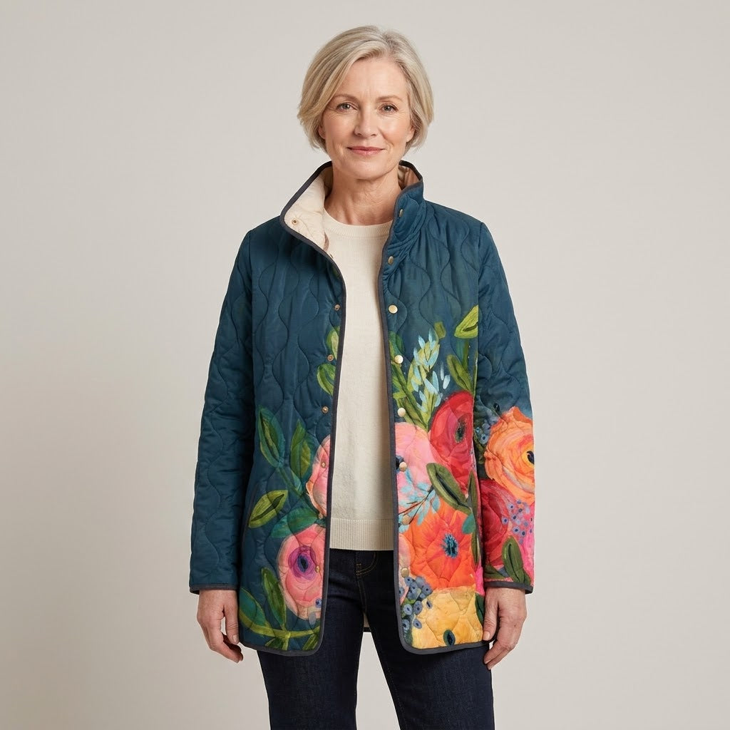 Women's Teal Floral Quilted Jacket — Stand Collar Snap Button Padded Coat