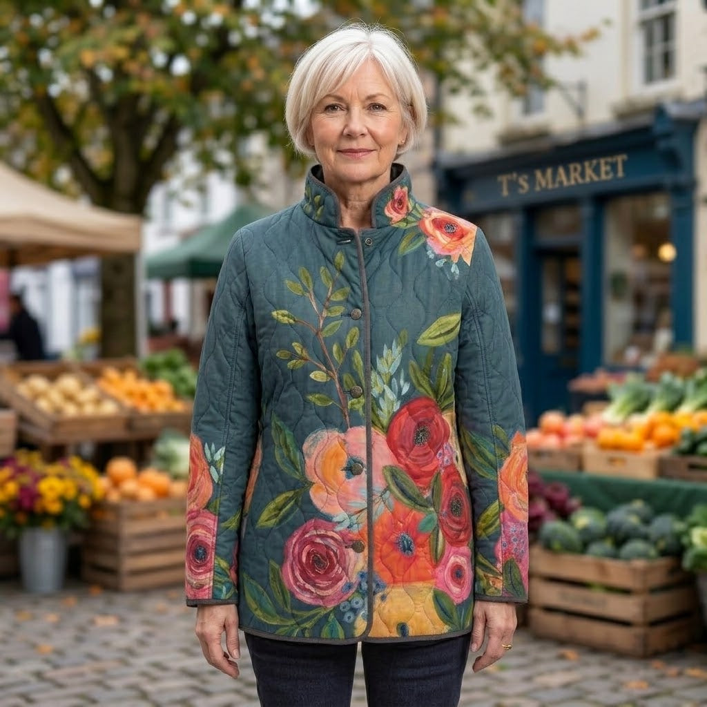 Women's Teal Floral Quilted Jacket — Stand Collar Snap Button Padded Coat