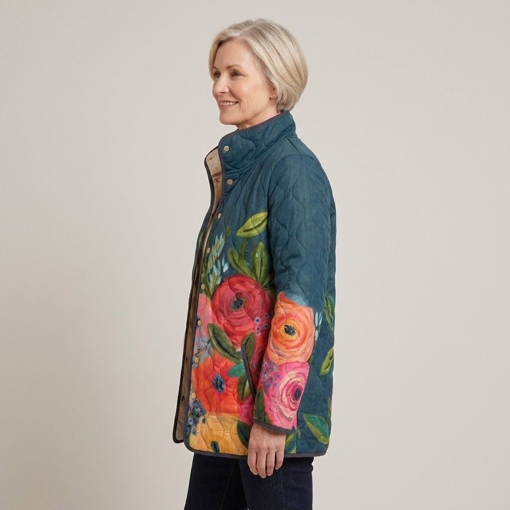 Women's Teal Floral Quilted Jacket — Stand Collar Snap Button Padded Coat
