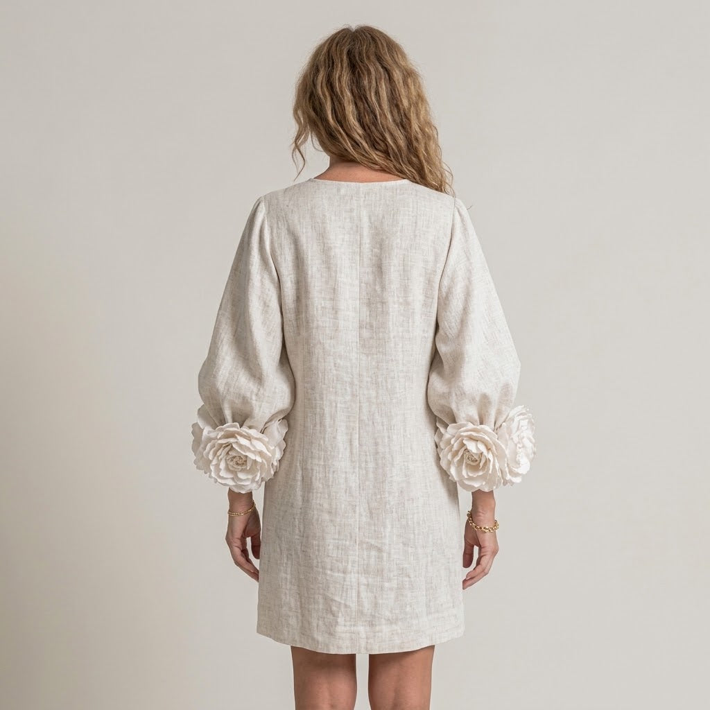 Women's White Floral Sleeve Mini Dress — Balloon Sleeve Button-Front Occasion Dress