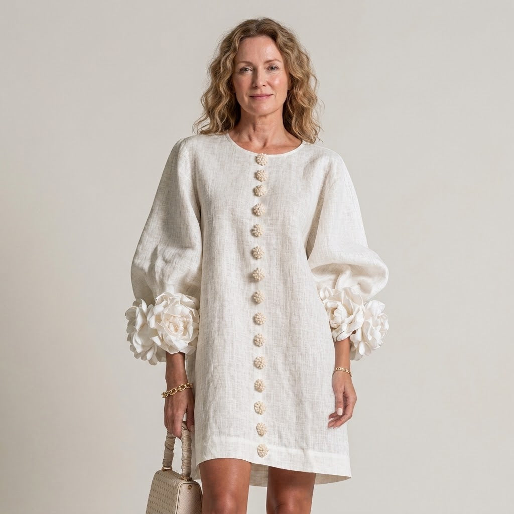 Women's White Floral Sleeve Mini Dress — Balloon Sleeve Button-Front Occasion Dress