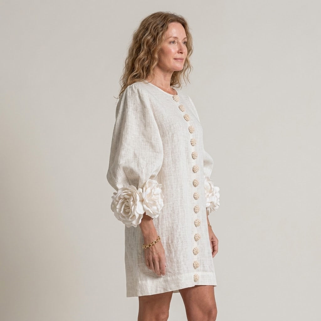 Women's White Floral Sleeve Mini Dress — Balloon Sleeve Button-Front Occasion Dress