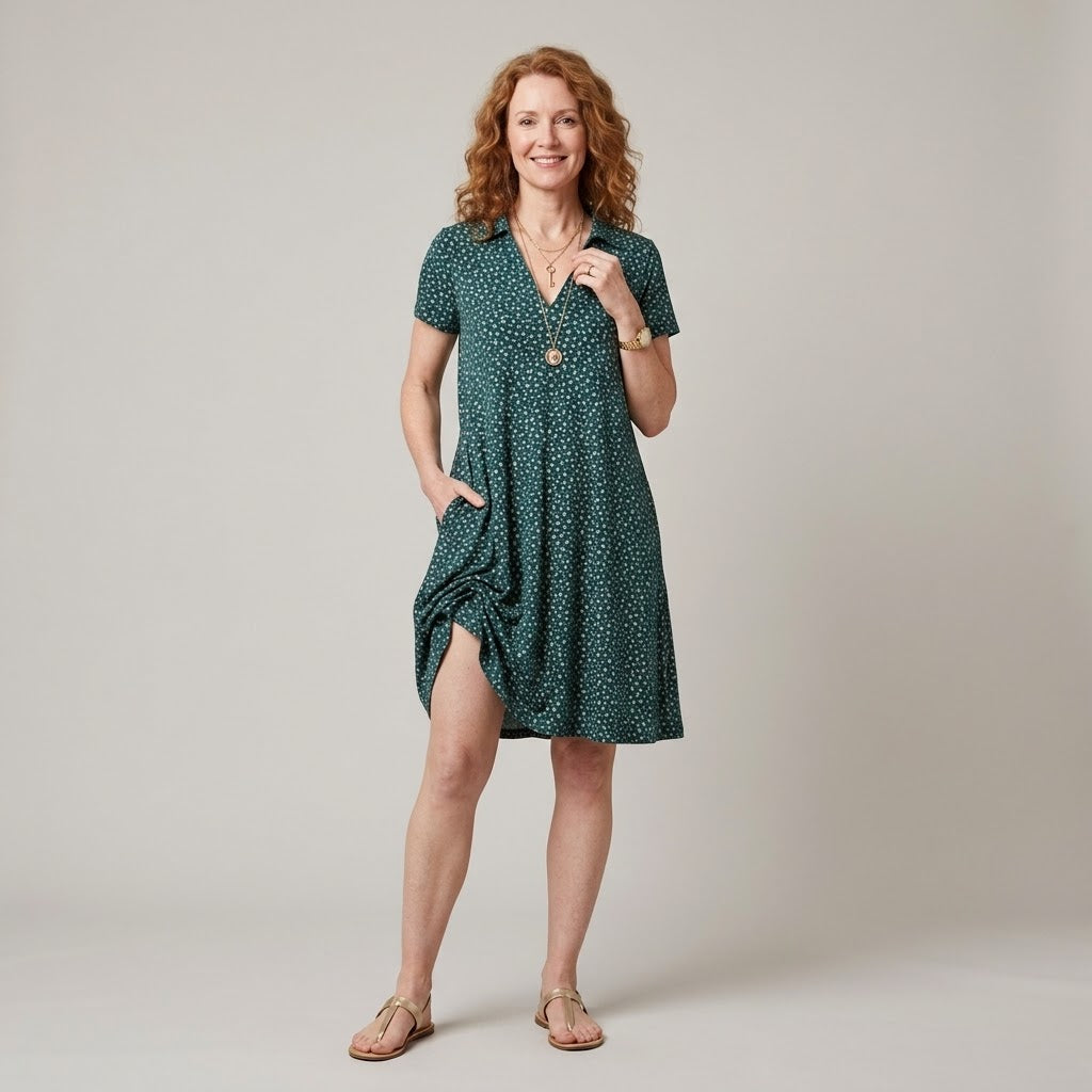 Clara Floral Swing Dress — Women's Short Sleeve V Neck Knee Length Summer Dress