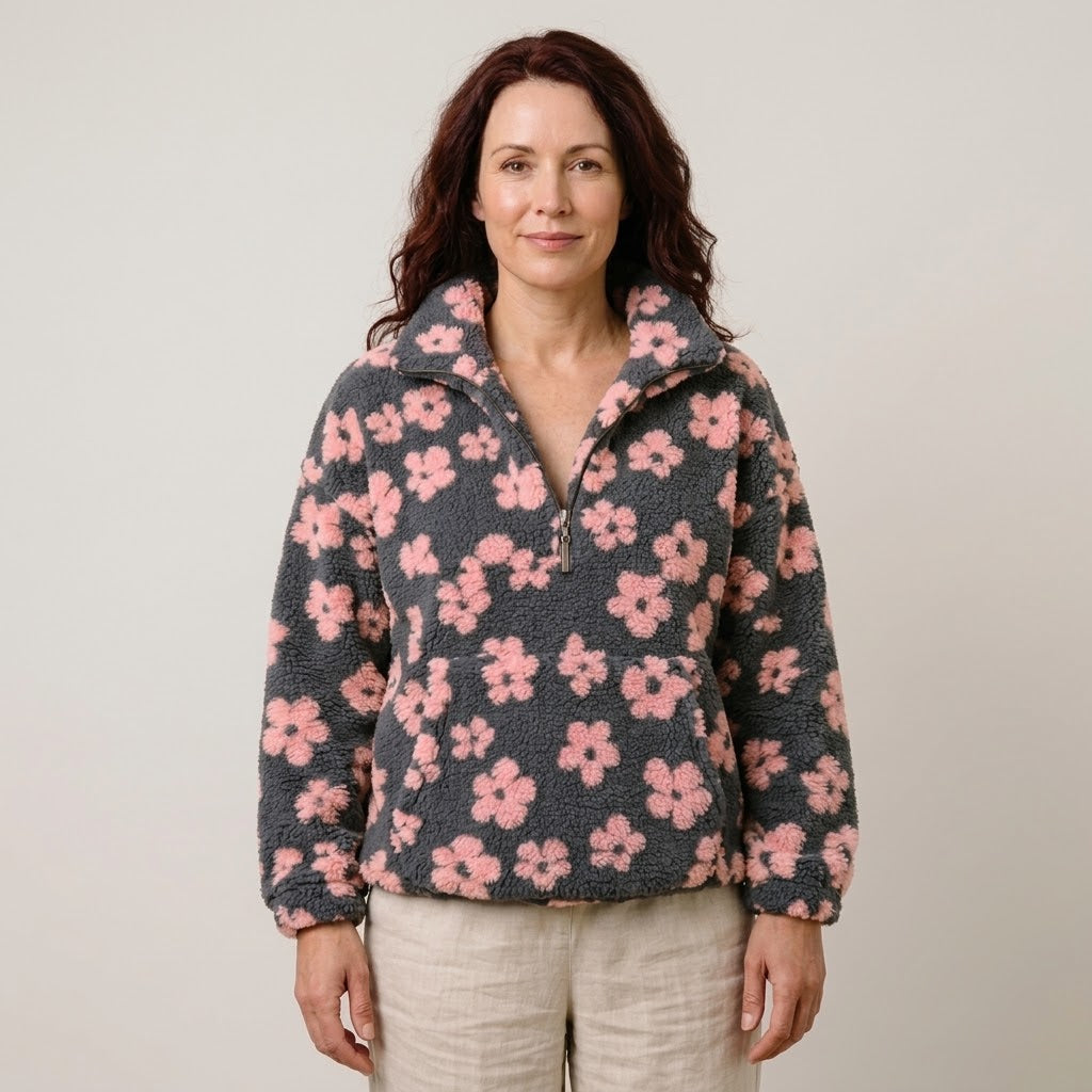 Women's Floral Teddy Fleece Half Zip Pullover — Oversized Borg Jumper