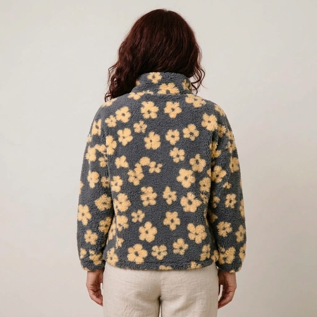 Women's Floral Teddy Fleece Half Zip Pullover — Oversized Borg Jumper